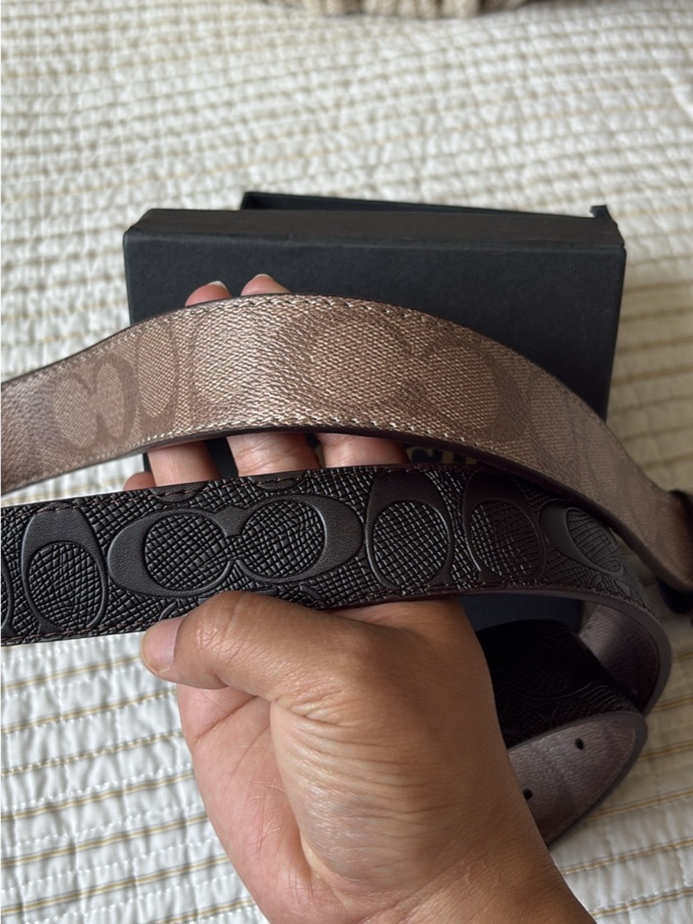 Coach Men's Dark Brown Signature Canvas Belt with Gunmetal Buckle - Picture 3 of 3